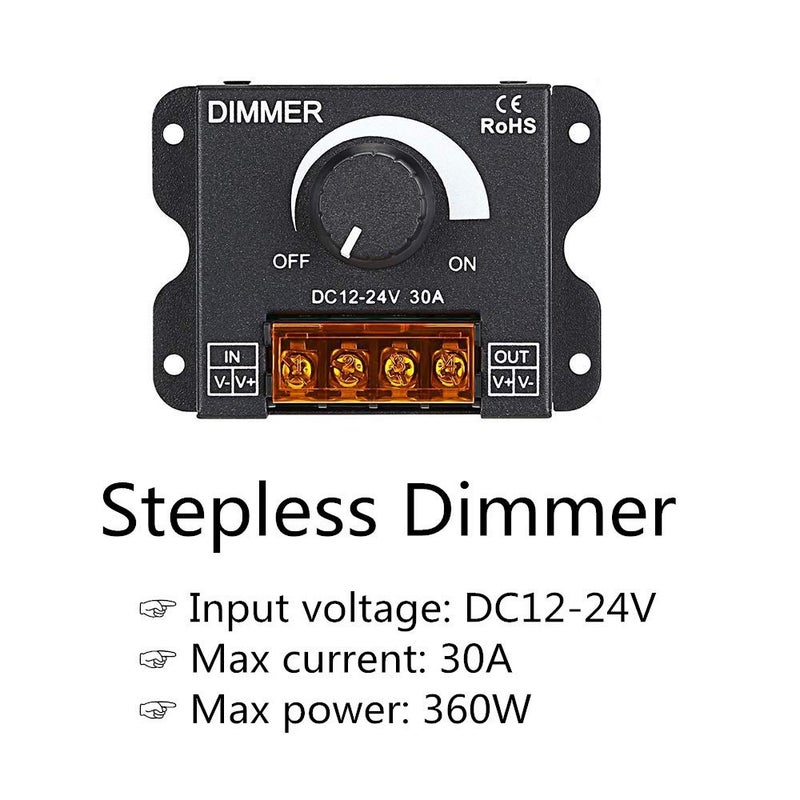 Puly LED Light Strip Dimmer, DC 12V-24V 30A PWM Dimming Controller for Dimmer Knob Adjust Brightness ON/Off Switch with Aluminum Housing, Single Channel for 5050 3538 5630 Single Color Light Ribbon - Image 3